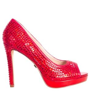 Lauren Lorraine Red Crystal Embellished Candy High Heel Platform Pumps